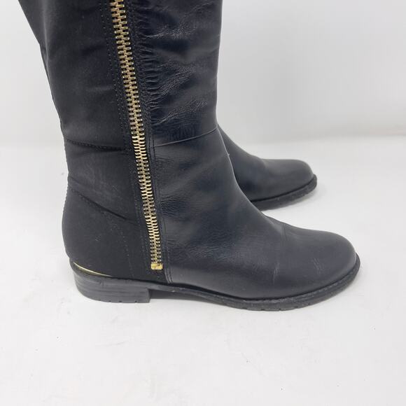Issac Mizrahi Womens 6 Black Arno Leather Tall Boots Gold Exposed Zipper Flat - Picture 5 of 13